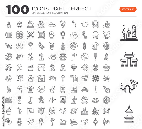 Set of 100 linear icons such as Temple, Dragon, Paifang, Skyscrapers, Tea, Paper lantern, China, Dumpling, Tea ceremony, Fan