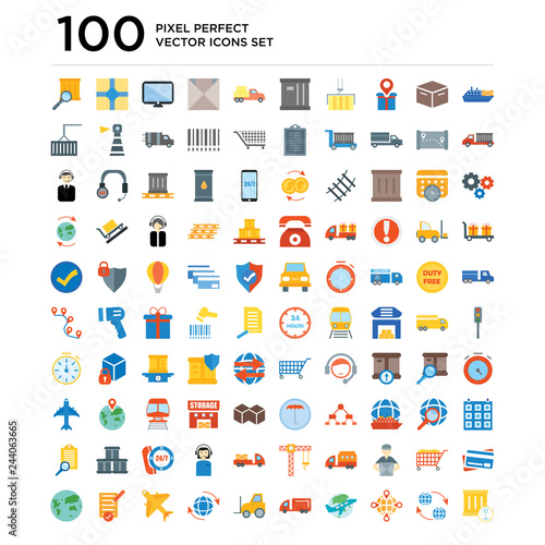 100 pack of Ship, Global, Earth, Moving truck, Forklift, Airplane, Check list, World map icons, universal icon set