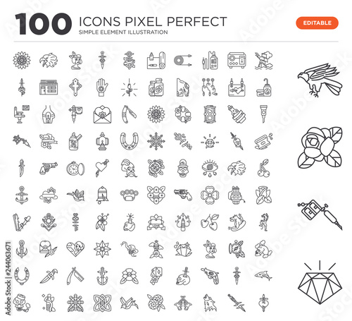 Set of 100 linear icons such as Diamond  Tattoo Machine  Rose  Eagle  Ship  Dagger  Wolf  Revolvers  Flowers  Bird