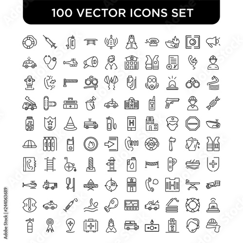 Outline set of 100 Vector line icons such as Megaphone, Support, Hospital, Fire alarm, Ambulance, Medical support, First aid kit, Location, Ribbon, extinguisher