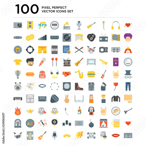 100 pack of Heart, Mouth, Lighting, Skull, Ray, Stars, Microphone, Guitar, Event poster, Drum set icons, universal icon