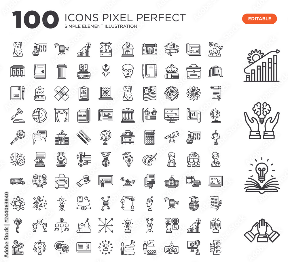 Set of 100 linear icons such as Group, Knowledge, Intellectual, Development, Social, Software, People, Education, Purpose, Famous
