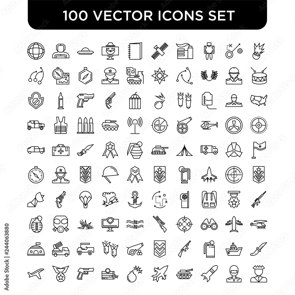 Outline set of 100 Vector line icons such as Explosion, Soldier, Missile, Tank, Jet, Bomb, Dynamite, Gun, Medal, Plane Outline set of 100 Vector line icons such as Explosion, Soldier, Missile, Tank, Jet, Bomb, Dynamite, Gun, Medal, Plane