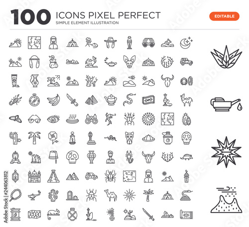 Set of 100 linear icons such as Sand, Star, Oil, Agave, Moon, Rock, Sword, Desert, Temperature, Hookah