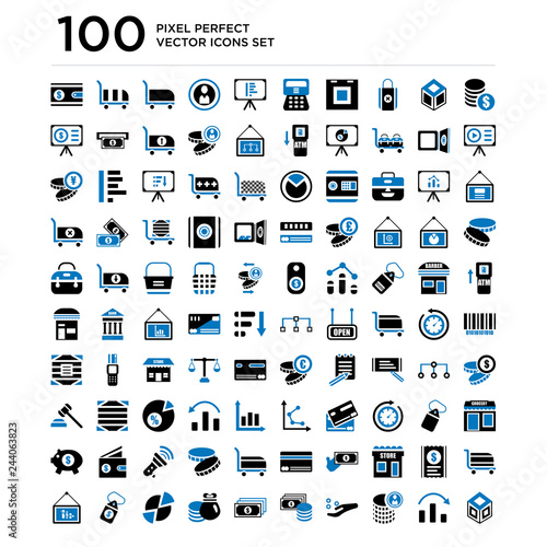 100 pack of Coins, Graph, Get money, Change, Notes, Rich, Pie chart, Price tag, Presentation icons, universal icon set