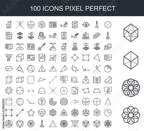 100 line icon set. Trendy thin and simple icons such as Flower of life, Circles, Cube, Icosahedron, Triangle, Tetrahedron, Pyramid