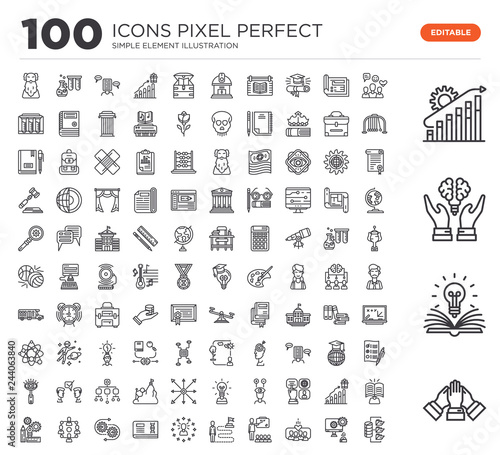 Set of 100 linear icons such as Group, Knowledge, Intellectual, Development, Social, Software, People, Education, Purpose, Famous