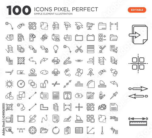 Set of 100 linear icons such as Measure, Reverse, Select all, Import, Dimension, Delete, Axis, Table, Paste clipboard, Rotate