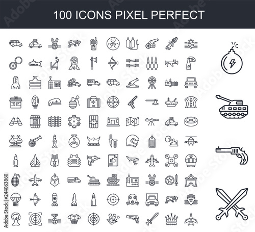 100 line icon set. Trendy thin and simple icons such as Sword, Revolver, Tank, Bomb, Rank, Crown, Gun, Explosion, Radar