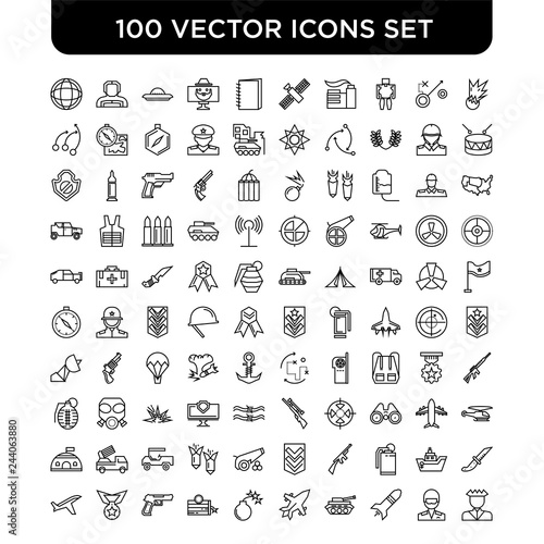 Outline set of 100 Vector line icons such as Explosion, Soldier, Missile, Tank, Jet, Bomb, Dynamite, Gun, Medal, Plane