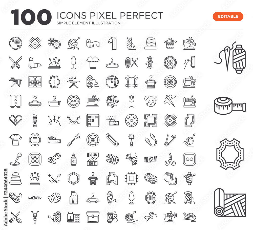 Set of 100 linear icons such as Fabric, Leather, Measuring tape, Spool thread, Sewing machine, Sewing, Crochet, Thread, Pocket