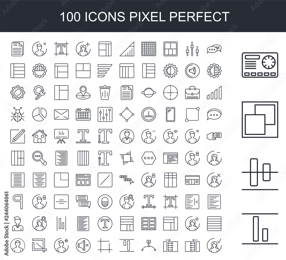 100 line icon set. Trendy thin and simple icons such as Vertical alignment, Horizontal Window, Settings, Chat, Swipe left, right, Transform, Board 100 line icon set. Trendy thin and simple icons such as Vertical alignment, Horizontal Window, Settings, Chat, Swipe left, right, Transform, Board