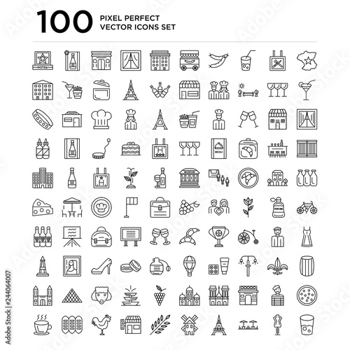100 linear pack of France, Mannequin, Cafe, Eiffel tower, Moulin rouge, Lavender, Rooster, French bread, Coffee line icons, universal thin stroke icons set