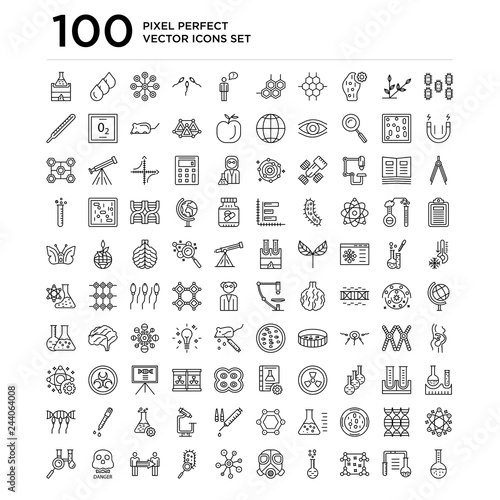 100 linear pack of Bacteria, Laboratory, Biology, Flask, Gas mask, Molecular, Cloning, Dangerous, Blood test line icons, universal thin stroke icons set
