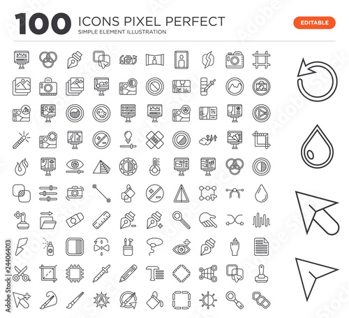 Set of 100 linear icons such as Arrow, Drop, Turn, Assembly Area, Search, Contrast, Allocation, Paint Bucket, History Brush
