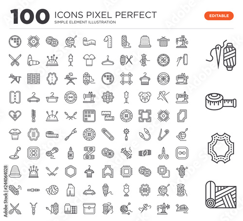 Set of 100 linear icons such as Fabric, Leather, Measuring tape, Spool thread, Sewing machine, Sewing, Crochet, Thread, Pocket