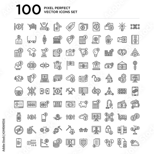 100 linear pack of Blockchain, Peer to peer, Cryptocurrency, Contract, Protection, Bitcoin, Digital key, Analytics line icons, universal thin stroke icons set