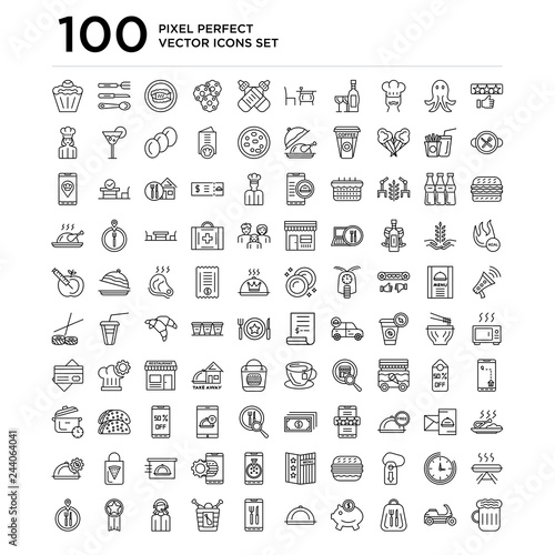 100 linear pack of Review, Delivery, Bag, Saving, Tray, Ordering, Fried chicken, Operator, Guarantee, Location line icons, universal thin stroke icons set