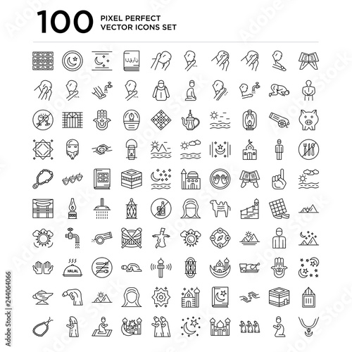 100 linear pack of Quran rehal, Muslim Man Praying, Islamic Friday Prayer, Mosque, Star and Crescent Moon line icons, universal thin stroke icons set