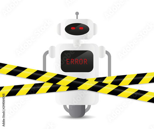 defect robot with error code and warning tape vector illustration EPS10