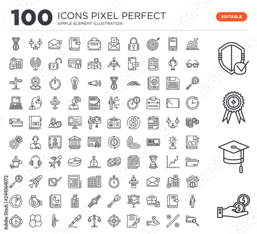 Set of 100 linear icons such as Give Money, College Graduation, Premium Badge, Safe Shield Protection, Graphic Progression, Percentage Discount, Hanging Over the Key, , Arm Target, Weight Balance