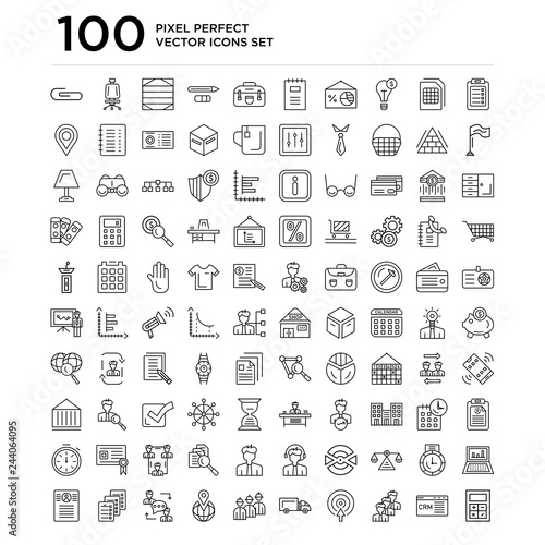 100 linear pack of List, Customer relationship management, Team, Target, Truck, Workers, Destination, Conversation, Summary line icons, universal thin stroke icons set