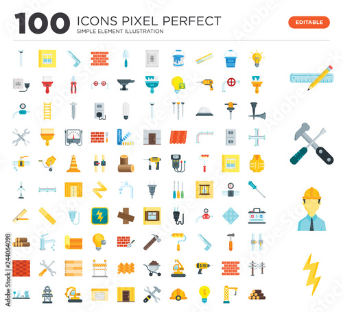100 Set of icons such as Flash, Engineer, Tools, Drawing, Light bulb, Crane, Helmet, Door