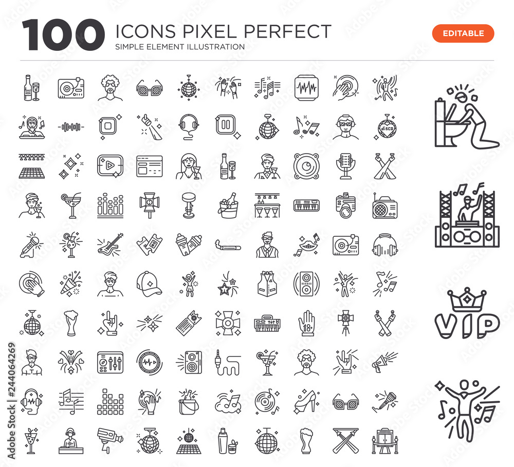 Set of 100 linear icons such as Dancing, Vip, DJ, Vomit, Stage, Beer, Disco ball, Shaker, Floor Set of 100 linear icons such as Dancing, Vip, DJ, Vomit, Stage, Beer, Disco ball, Shaker, Floor