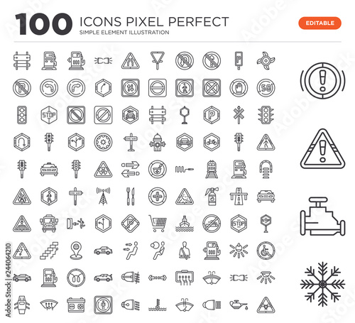 Set of 100 linear icons such as Air Conditioning, Malfunction Indicador, Warning, Brake System Ventilating Fan, Oil, High Beam, Winshield Wiper, Engine Coolant, Low Beam