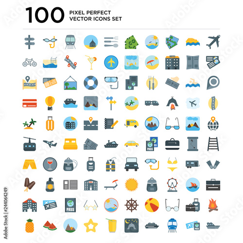 100 pack of Airplane, Boarding pass, Train, Cruise, Camping, Smoothie, Starfish, Mountains, Watermelon, Pineapple icons, universal icon set © vector_best