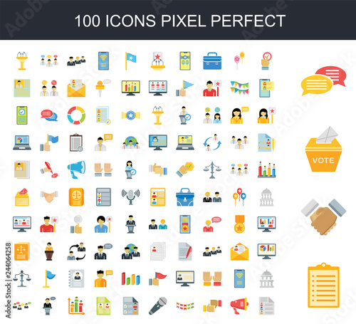 100 icon set. Trendy simple icons such as Clipboard, Handshake, Vote, Chat, Check, Megaphone, Like, Garlands, Microphone, Ballot