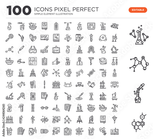 Set of 100 linear icons such as Chemistry, Experiment, Molecular, Test tube, Bacteria, Pills, Beaker, Atom, Report, Dna