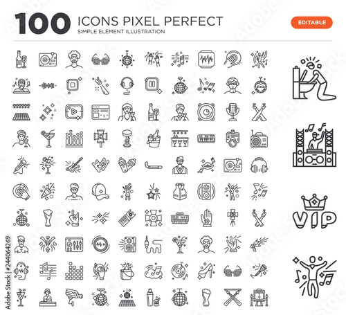 Set of 100 linear icons such as Dancing, Vip, DJ, Vomit, Stage, Beer, Disco ball, Shaker, Floor