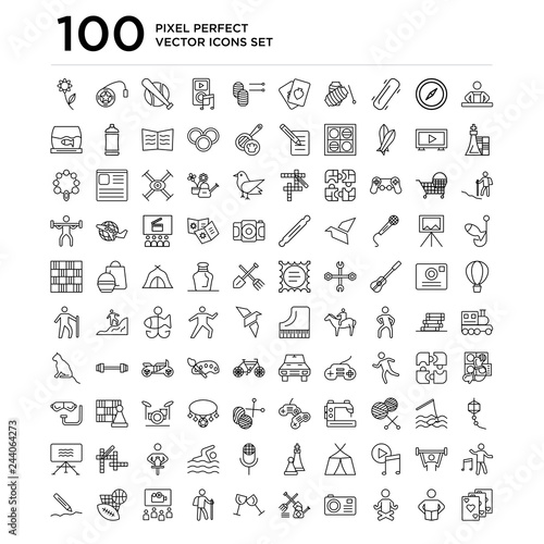 100 linear pack of Cooking, Reading, Yoga, Photo camera, Gardening, Toast, Hiking, Cinema, Sports, Writing line icons, universal thin stroke icons set