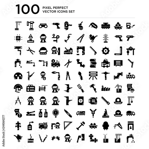 100 pack of Gas station, Helmet, Oil pump, Pipe, Train cargo, Square, Drill, Mining cart icons, universal icons set