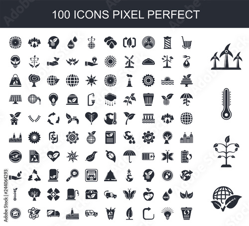 100 filled icon set. Trendy simple icons such as Planet grid and a leaf, Tree growing, Thermometer, Renewable energy label, Shopping cart, Light Bulb, Refresh, Leaf, Recycling bottles, Eco Car