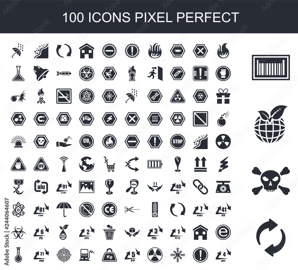 100 filled icon set. Trendy simple icons such as Recycable, Danger, Eco Friendly, Bar Code, Fire, Caution, Snowflake, Radioactive, 5 PP, Kilo - obrazy, fototapety, plakaty 