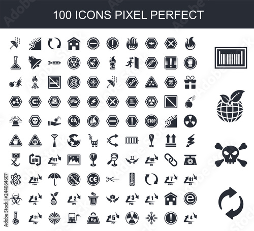 100 filled icon set. Trendy simple icons such as Recycable, Danger, Eco Friendly, Bar Code, Fire, Caution, Snowflake, Radioactive, 5 PP, Kilo