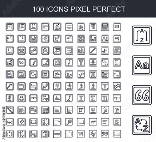 100 line icon set. Trendy thin and simple icons such as Translate, Quote, Font, Sort, List, Spellcheck, Text, Undo, Input