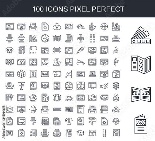 100 line icon set. Trendy thin and simple icons such as Flyer, Trifold, Pantone, Ink level, Plotter, Boxes, Binding, Printer