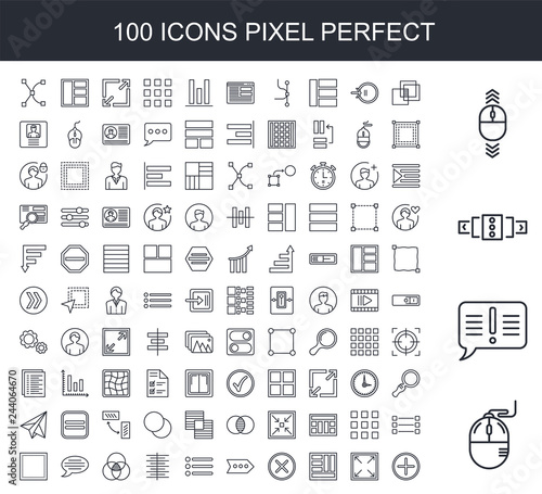 100 line icon set. Trendy thin and simple icons such as Mouse, Exclamation, Slider, Scroll, Overlap, Enlarge, Layout, Cancel, More, Menu