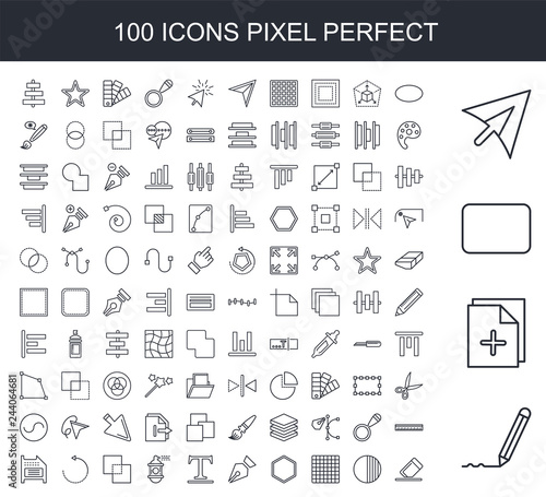 100 line icon set. Trendy thin and simple icons such as Pencil, New, Rectangle, Cursor, Ellipse, Opacity, Grid, Hexagon, Pen tool, Type
