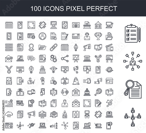 100 line icon set. Trendy thin and simple icons such as Teamwork, Research, Communication, Checklist, Computer, On, Keyword, Network, Megaphone