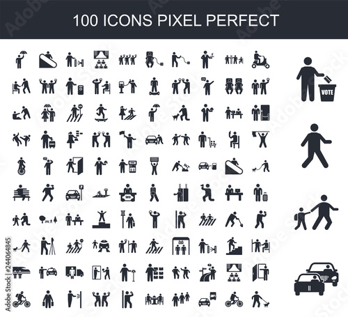 100 filled icon set. Trendy simple icons such as Traffic, Walking to school, Walking, Voting, Scooter, Bicycle, , Eating, Drunk