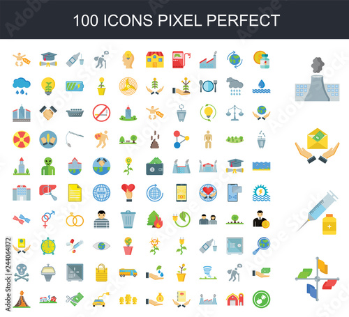 100 icon set. Trendy simple icons such as Union, Vaccine, Salary, Pollution, Medicine, Barn, Factory, Birth, Bribery, Moai