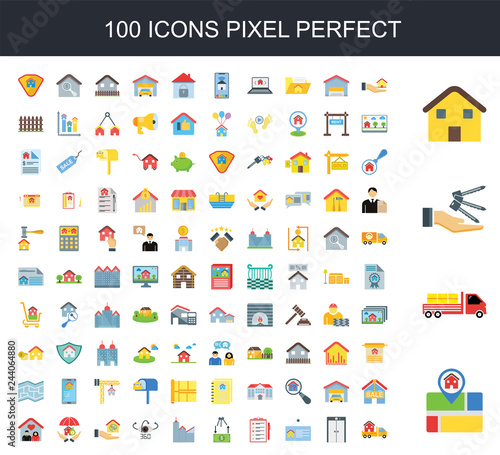 100 icon set. Trendy simple icons such as Pin, Moving truck, Key, House, Elevator, Billboard, Clipboard, Buy, House