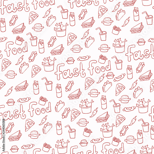 Doodle illustration of fast food. Seamless pattern with junk food. Hand drawn vector illustration made in cartoon style. Hamburger, hot-dog, french fries, sandwich