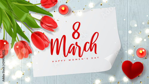 International Women's Day greeting card. Vector illustration with realistic red tulips flowers, ring box, candles, glowing light garland and golden confetti. Greeting card for 8 March.
