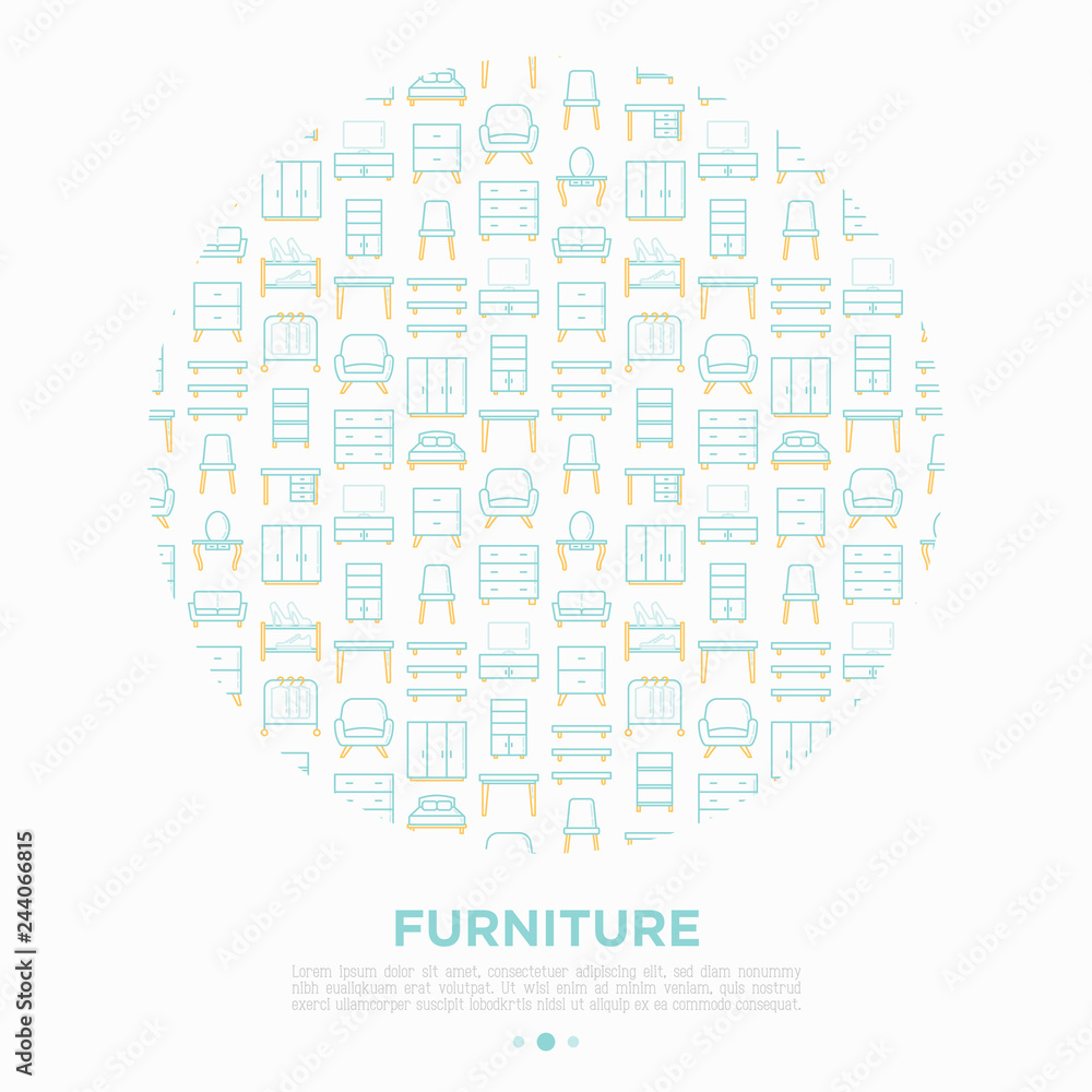 Furniture concept in circle with thin line icons: dressing table, sofa, armchair, wardrobe, chair, table, bookcase,wall shelves. Elements of interior. Vector illustration, print media template.