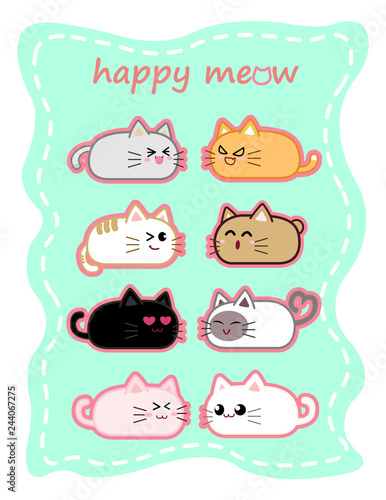 Collection of cute happy sweetie round cat cartoon character design with emotion or expression funny face.